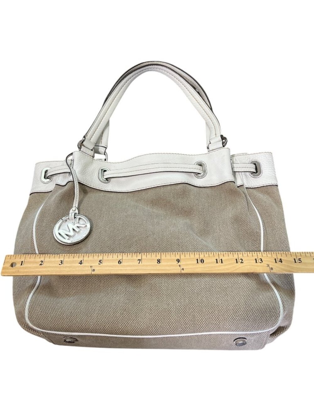 Michael Kors Canvas Leather Bucket Bag Tan White Drawstring Close Tote Dust-Bag - Picture 7 of 7